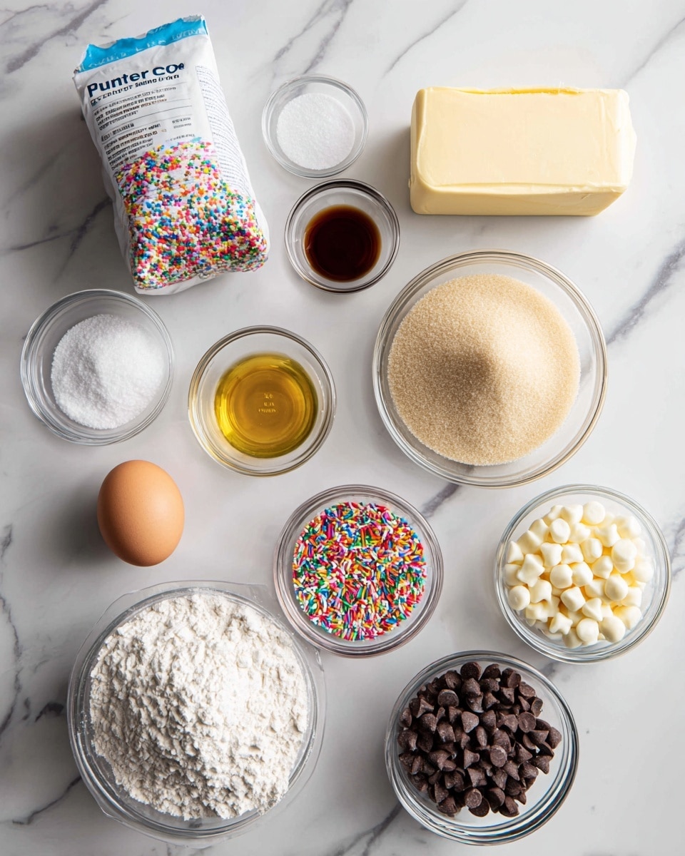 The image shows ingredients neatly placed on a white marbled surface for baking. There is a clear plastic bag of Funfetti cake mix positioned at the top left. Next to it on the right is a stick of butter with the label visible. Below the butter are small clear bowls containing salt, vanilla extract, and sugar arranged in a line from left to right. In the middle, there is a larger clear bowl filled with light brown sugar. At the bottom left is a small bowl holding an egg, close to a pile of all-purpose flour on the surface. To the right of the egg are clear bowls filled with chocolate chips, white chocolate chips, and colorful sprinkles arranged neatly. All the bowls are clear and round, with the ingredients showing distinct textures and colors against the white marble background. photo taken with an iphone --ar 4:5 --v 7