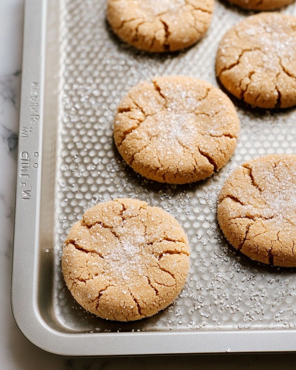 There are six round, light brown cookies on a baking tray with a honeycomb pattern. The cookies have cracked edges and look soft, each with a thin layer of sugar sprinkled on top giving a slightly shiny texture. The tray is gray, and the cookies are arranged close together but not touching. The surface under the tray is a white marbled texture. photo taken with an iphone --ar 4:5 --v 7