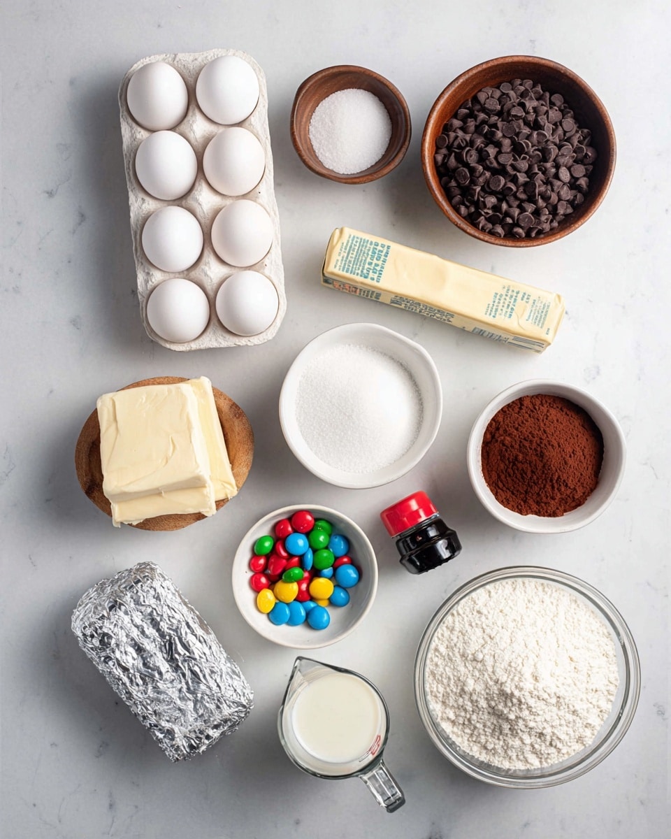 The image shows various baking ingredients neatly arranged on a white marbled surface, including six white eggs in a white egg tray at the top left, a small wooden bowl of white salt near the top center, and a white bowl filled with dark brown chocolate chips to the top right. Below these, there is a stick of butter in paper wrapping and a small white bowl of colorful round candies in the middle, with a small black bottle featuring a red cap to the right of the candies. Further down, a white bowl of white granulated sugar is in the center, next to a white bowl of brown cocoa powder on the right. Near the bottom left, there is a foil-wrapped block of cream cheese, a glass measuring cup with a creamy white liquid in the middle, and a wooden bowl full of white flour to the lower right. Photo taken with an iphone --ar 4:5 --v 7