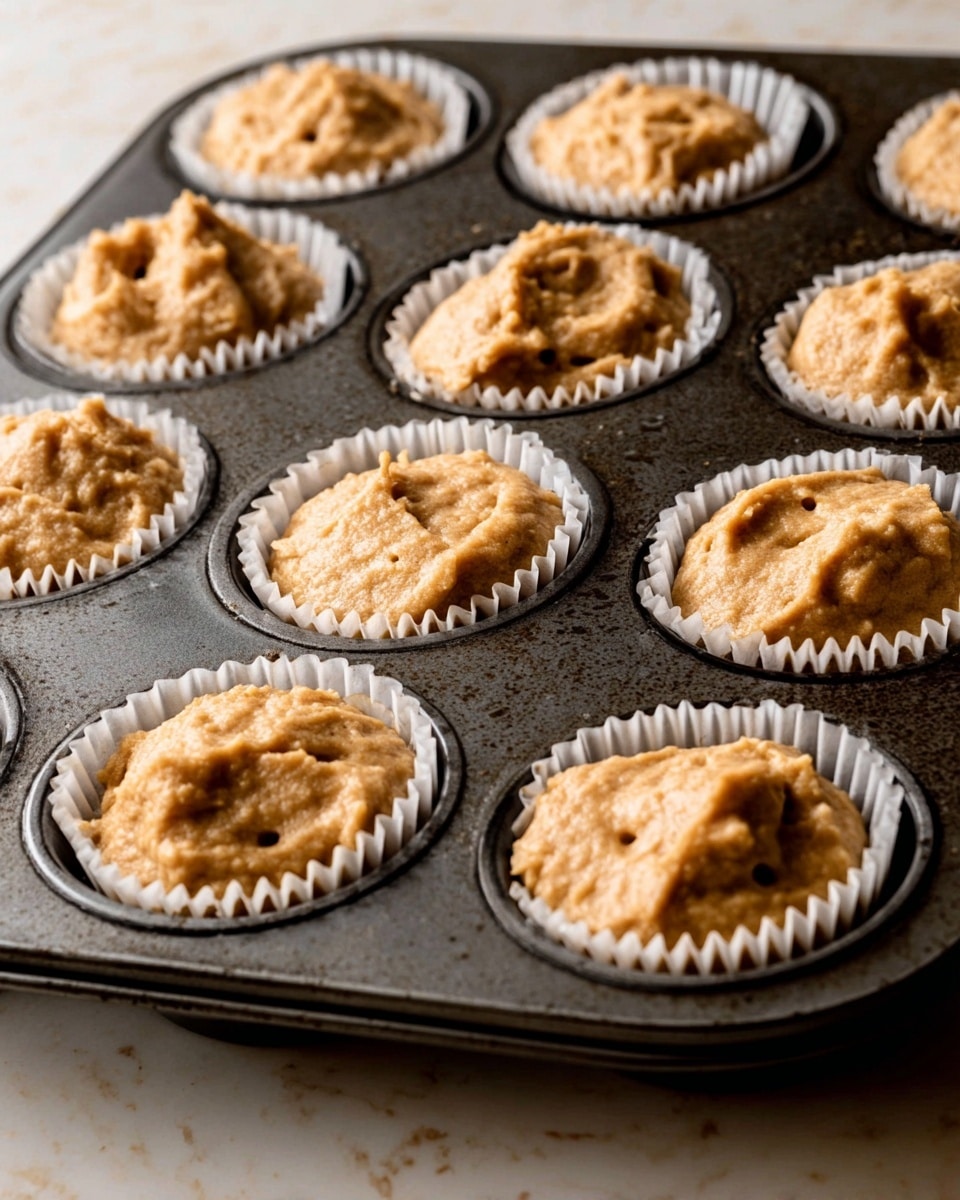 A close-up of a dark metal muffin tray filled with nine white paper liners, each holding a thick, light brown batter with a rough texture. The batter is unevenly spread, showing soft peaks and some small holes on the surface, filling about two-thirds of each liner. The tray rests on a white marbled surface that adds a clean and subtle contrast to the warm tones of the batter. photo taken with an iphone --ar 4:5 --v 7