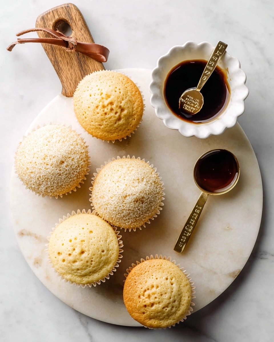 There are six light golden cupcakes with textured tops, showing small holes and a soft look, arranged on a white marbled round cutting board with a handle that has a brown leather loop through it. Next to the cupcakes, on the top right of the board, is a white scalloped bowl filled with a dark brown liquid, and inside it lies a gold measuring spoon with