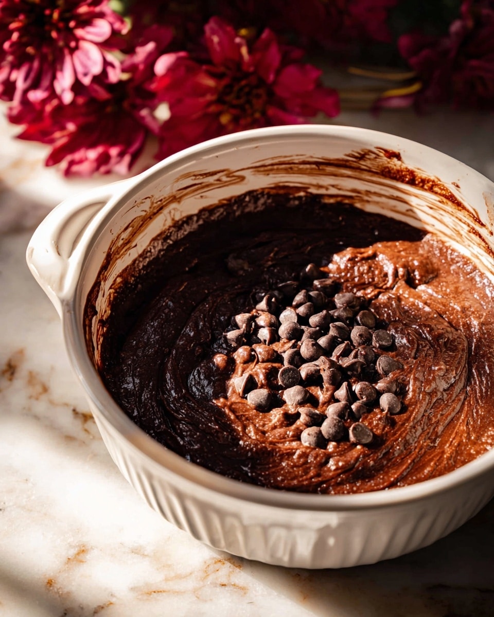 A close-up view of a white ceramic mixing bowl filled with thick, dark brown chocolate batter. The batter has a smooth, slightly glossy texture with a few swirls of lighter brown, and it is topped with a generous layer of shiny milk and dark chocolate chips scattered unevenly across the surface. The bowl shows streaks and smudges of chocolate on its inner rim. The bowl sits on a white marbled surface with soft sunlight casting shadows. In the background, blurred deep red flowers add a contrasting pop of color. Photo taken with an iphone --ar 4:5 --v 7