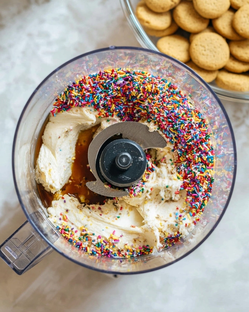 A top view of a clear food processor bowl filled with three main layers: at the bottom, a dark amber liquid; above it, a creamy white mixture with a thick, smooth texture; on top, a colorful layer of small, cylindrical rainbow sprinkles in red, yellow, green, blue, purple, and pink. The food processor blade is visible near the center, surrounded by the layers. In the background, there is a glass bowl filled with round, golden brown cookies on a white marbled surface. photo taken with an iphone --ar 4:5 --v 7
