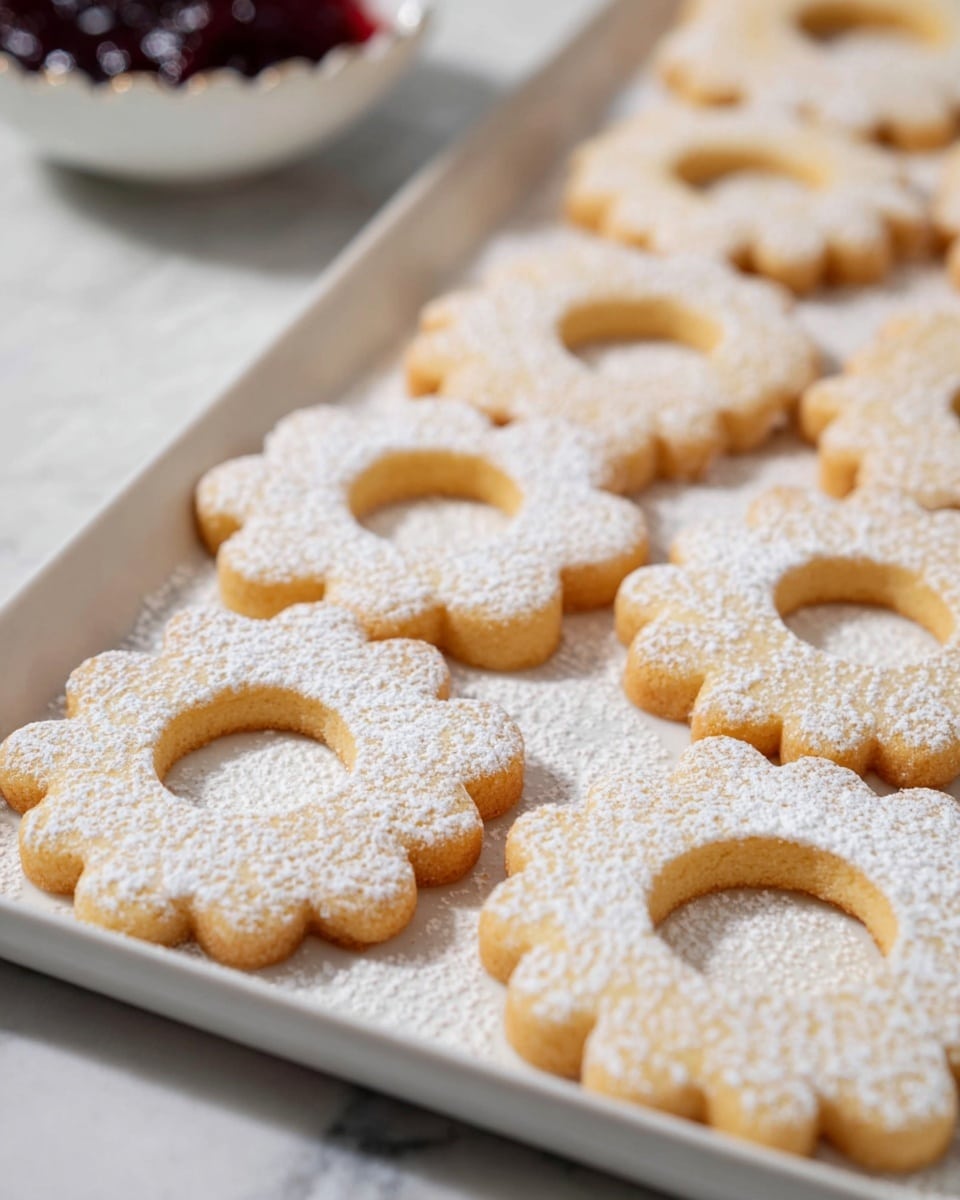 The image shows a white tray filled with flower-shaped cookies arranged in rows. Each cookie has a scalloped edge with a circular hole in the center, resembling a flower. The cookies are light golden brown and have a dusting of fine white powdered sugar on the top, giving a soft and slightly textured look. In the blurred background, there is a white surface with a small container holding a dark red jam, adding a touch of color contrast to the scene. The whole setup is placed on a white marbled surface. photo taken with an iphone --ar 4:5 --v 7