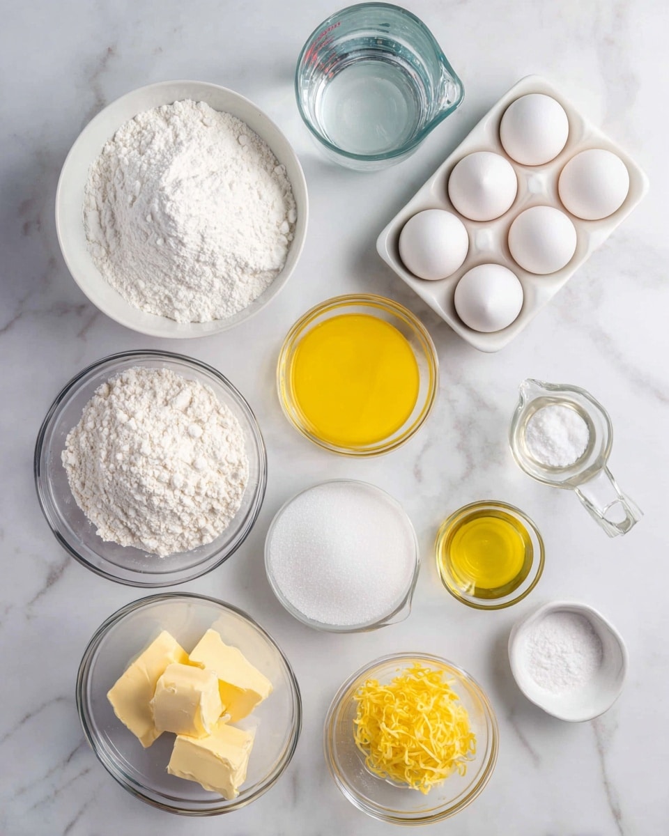 The image shows various baking ingredients neatly placed on a white marbled surface. Starting from the top left, there is a white bowl filled with fine white powder, likely powdered sugar. To the right, a white tray holds six white eggs arranged in two rows. Above the eggs, a clear measuring cup containing water sits. Below the powdered sugar, a clear mixing bowl holds white flour. Next to it on the bottom left is a clear bowl filled with white granulated sugar. Moving right, a small clear cup contains a yellow liquid, probably lemon juice. Below the lemon juice, a small white bowl has two blocks of pale yellow butter. In the center right, a glass measuring cup contains yellow oil. Below that, a tiny glass bowl has white salt. In the bottom right corner, a clear bowl is filled with bright yellow lemon zest. Scattered near the measuring cups are small bowls with white powders, likely baking powder and baking soda. The colors are soft whites, yellows, and clear glass, with everything arranged cleanly and evenly spaced. photo taken with an iphone --ar 4:5 --v 7