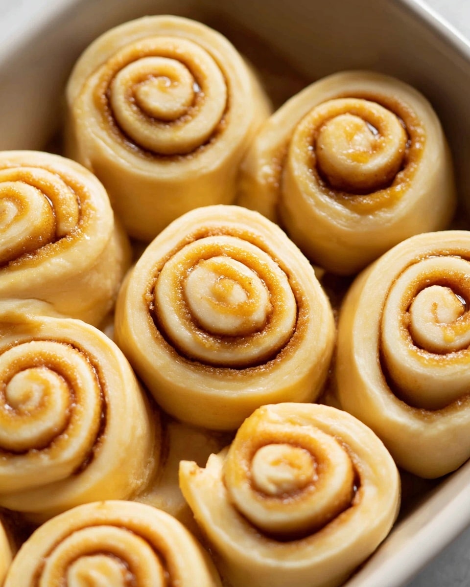 A close-up view of several uncooked cinnamon rolls tightly arranged in a white baking dish on a white marbled surface, each roll showing two visible layers of light golden dough spiraled around a darker golden brown cinnamon filling forming a swirled pattern from the center outward, the dough looking soft and slightly shiny with a smooth texture, all rolls uniformly shaped and packed closely together creating a circular pattern, photo taken with an iphone --ar 4:5 --v 7
