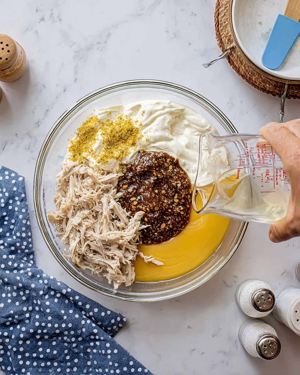 In a clear glass bowl placed on a white marbled surface, there are five distinct layers arranged side by side: creamy white yogurt sprinkled with yellow seasoning on the left, shredded pale beige chicken in two small piles at the top left and bottom right, a thick dark brown sauce with visible seeds and spices in the center, and a smooth bright yellow layer on the right edge. A woman's hand is pouring clear liquid from a glass measuring cup into the bowl, positioned at the bottom left of the image. The scene is accompanied by a blue polka dot cloth with white salt and pepper shakers on the lower right and kitchen tools including a white dish and a blue spatula on the top and left sides. Photo taken with an iphone --ar 4:5 --v 7