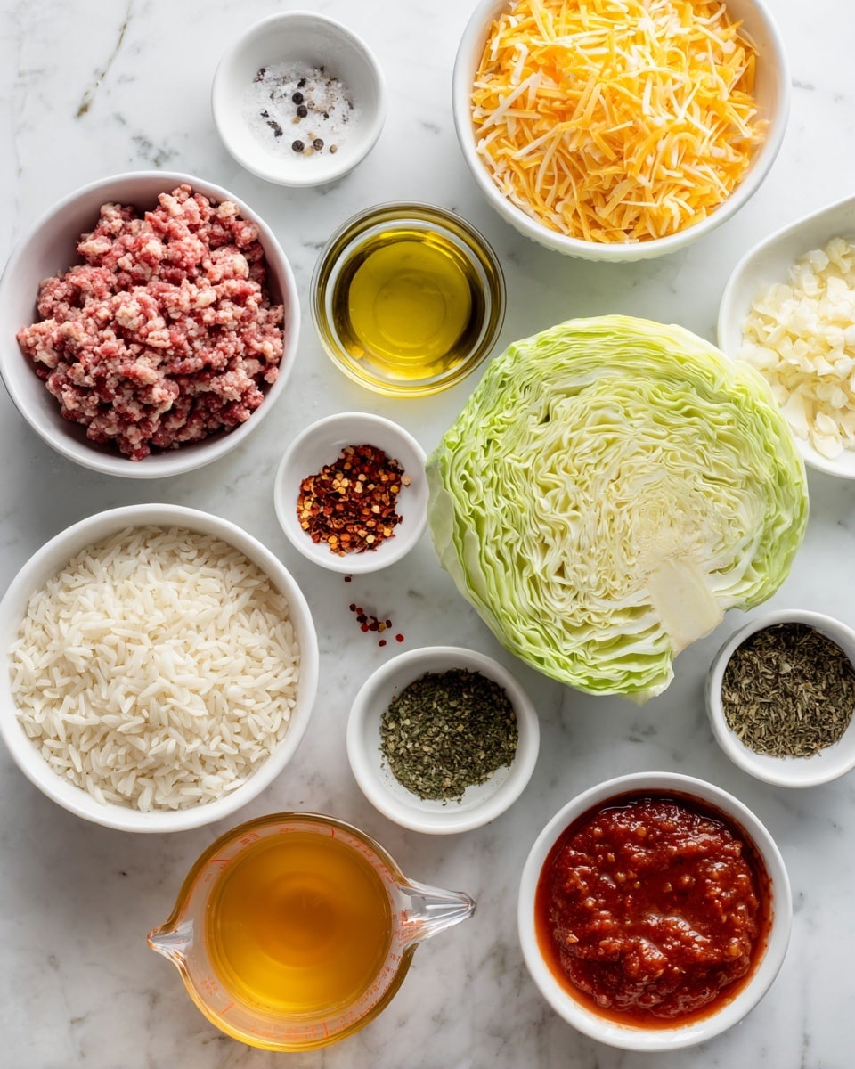 The image shows eleven white bowls and a cup arranged on a white marbled surface, each holding different cooking ingredients. Starting at the top left, a white bowl contains raw ground meat with a pink and slightly red color. Next to it is a small clear glass cup filled with golden olive oil. Below that is a small white bowl with salt and black pepper sprinkled together. To the right is a whole green cabbage, with one half placed to reveal its tightly packed light green and white leaves. Below the cabbage, a clear glass measuring cup contains a golden orange liquid, likely broth. Surrounding these are several more white bowls, including one filled with long-grain white rice, one with bright orange shredded cheese, and another with white chopped onions. There is also a bowl with a smooth, thick red sauce, a small bowl of finely minced garlic, one with dark green dried herbs, and a bowl with red chili flakes. The bowls and cup are neatly arranged in a balanced spread, all placed on the clean white marbled surface photo taken with an iphone --ar 4:5 --v 7
