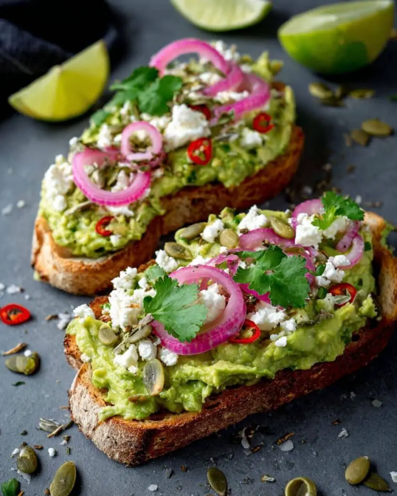 Avocado Toast with Pickled Shallots, Chili, Seeds, and Feta Recipe