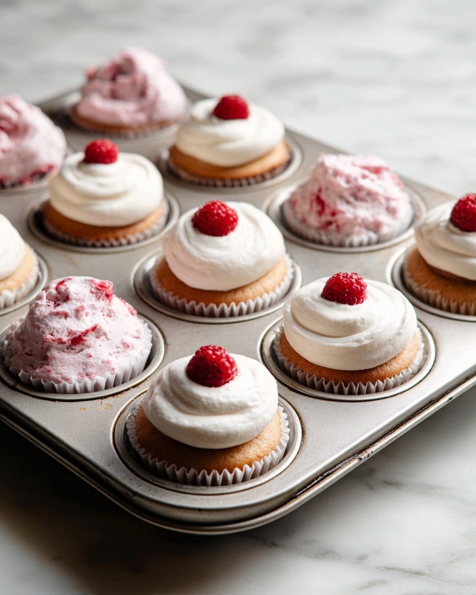 A metal muffin tray holds nine cupcakes, each in white paper liners. The cupcakes have a light golden brown base topped with two types of frosting: some have a smooth white frosting swirled in a small peak, each crowned with a single red raspberry. Others have a fluffy pale pink frosting with visible red berry pieces, spread thickly and swirled lightly to show texture. The tray sits on a white marbled surface, the lighting is soft, highlighting the creamy textures and vibrant red berries. photo taken with an iphone --ar 4:5 --v 7
