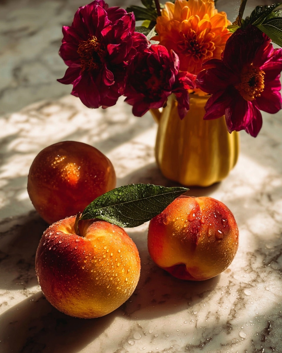 The image shows three peach fruits arranged on a white marbled surface, each with drops of water on their fuzzy orange and red skin, with one peach featuring a small green leaf attached. Behind the peaches is a small yellow vase holding five vibrant flowers in deep magenta, orange, and red colors, along with dark green leaves. Soft sunlight casts warm shadows of the flowers and peaches, creating a natural and fresh scene. photo taken with an iphone --ar 4:5 --v 7