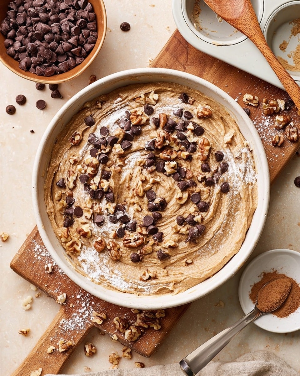 A round white bowl filled with thick light brown batter that has white flour powder scattered on top, swirled together with dark brown chocolate chips and chopped light brown nuts spread mainly in the middle and some near the edges. The bowl sits on a light beige surface with a wooden cutting board below it, sprinkled with more chopped nuts. A brown bowl filled with chocolate chips is seen on the top left. On the right, a white muffin tin holds a wooden spoon resting across it. A small white plate with a silver spoon holding brown spice powder is placed near the bottom right corner. photo taken with an iphone --ar 4:5 --v 7
