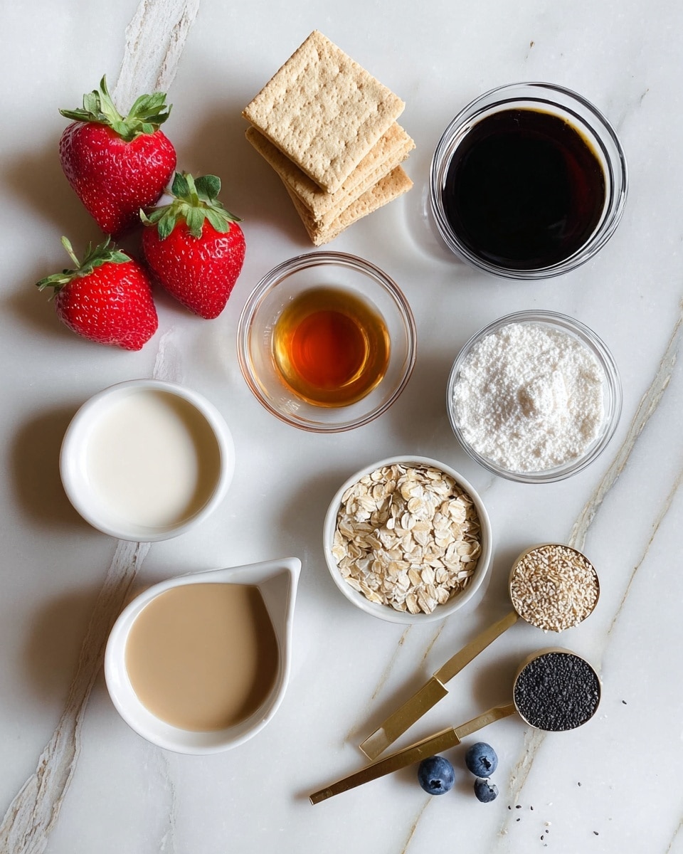 The image shows a flat white marbled surface with several small containers and ingredients arranged neatly. There are two red strawberries with green leaves on the left, and next to them are three beige square biscuits stacked slightly on top of each other. In small clear glass bowls, there is a light brown liquid, a white lumpy ingredient, and a dark brown liquid. A white ramekin contains a thick beige liquid. Three measuring spoons hold dry ingredients: one with rolled oats, one with a pale yellow powder, and one with small black seeds. A few blueberries are placed near the measuring spoons. All items are spaced evenly without overlapping, creating a clean, organized look. photo taken with an iphone --ar 4:5 --v 7