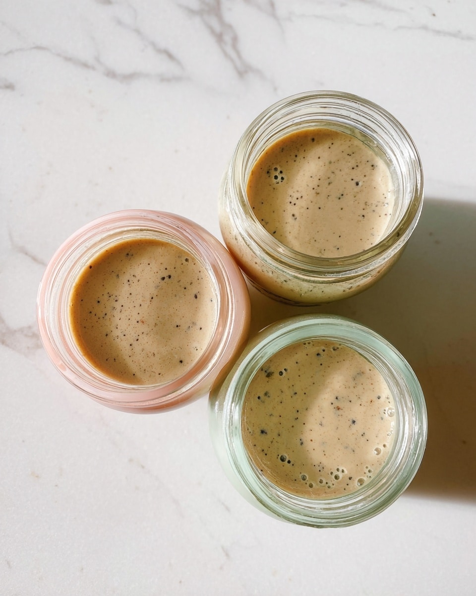 Three small glass jars with pastel-colored lids (pink, light green, and white) are filled about halfway with a creamy beige liquid containing visible small black specks. The jars are arranged in a loose triangular shape on a white marbled surface, casting soft shadows. The liquid surface is smooth with a few small bubbles near the edges, and the jar rims show slight moisture from the liquid inside. photo taken with an iphone --ar 4:5 --v 7