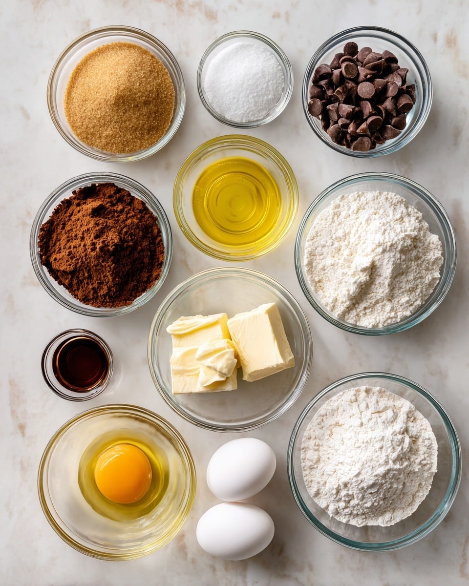 The image shows twelve clear glass bowls arranged on a white marbled surface, each containing a different ingredient. The top row from left to right holds light brown sugar in a tan granular form, small dark brown chocolate chips, fine white sugar, and brown cocoa powder with a dry texture. The middle row has a small bowl of yellow vegetable oil, baking soda in white powder form, a tiny bowl of white salt, a chunk of pale yellow butter still wrapped in paper, and a bowl of white all-purpose flour with a powdery look. The bottom row includes a bowl with a cracked half egg showing bright yellow yolk, white baking powder, dark brown vanilla extract in liquid form, and a whole white egg in a small clear bowl. All bowls are neatly placed with labels visible on top, against the smooth white marbled background. Photo taken with an iphone --ar 4:5 --v 7