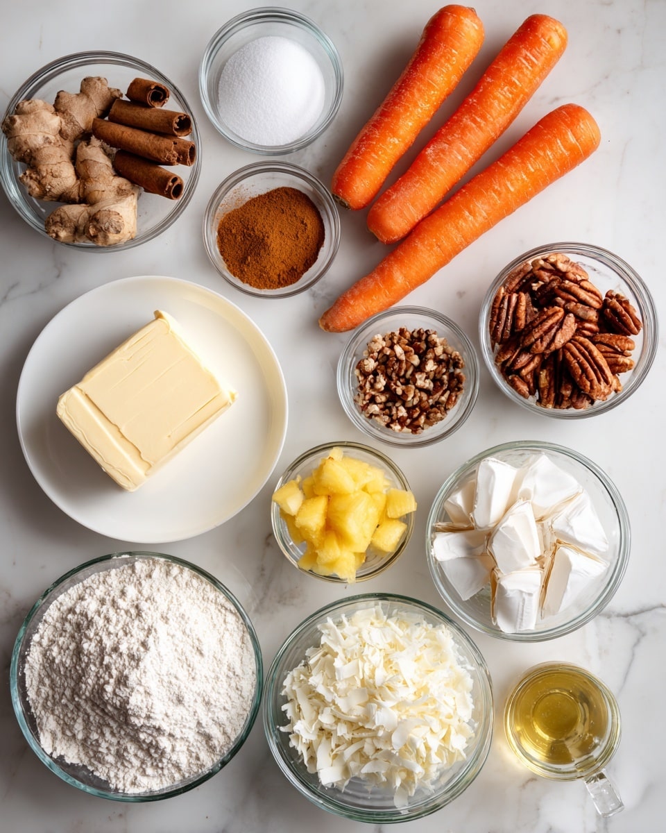 The image shows many ingredients arranged neatly on a white marbled surface. In the center top, three bright orange carrots lie horizontally. To the right of the carrots is a white plate with a block of cream cheese. Around this, clear glass bowls hold white powdered sugar, white sugar, light brown sugar, tiny chopped pecans, shredded white coconut, and small pieces of yellow pineapple. There are raw eggs in small clear glass bowls along with butter sticks wrapped in paper. Several spices such as light brown cinnamon, ginger, nutmeg, and cloves are visible in tiny bowls. A clear glass measuring cup with vegetable oil is in the lower right. Finally, a large bowl is filled with white all-purpose flour. All items are labeled with black text. The overall setting is clean and organized, displayed in bright natural light. Photo taken with an iphone --ar 4:5 --v 7