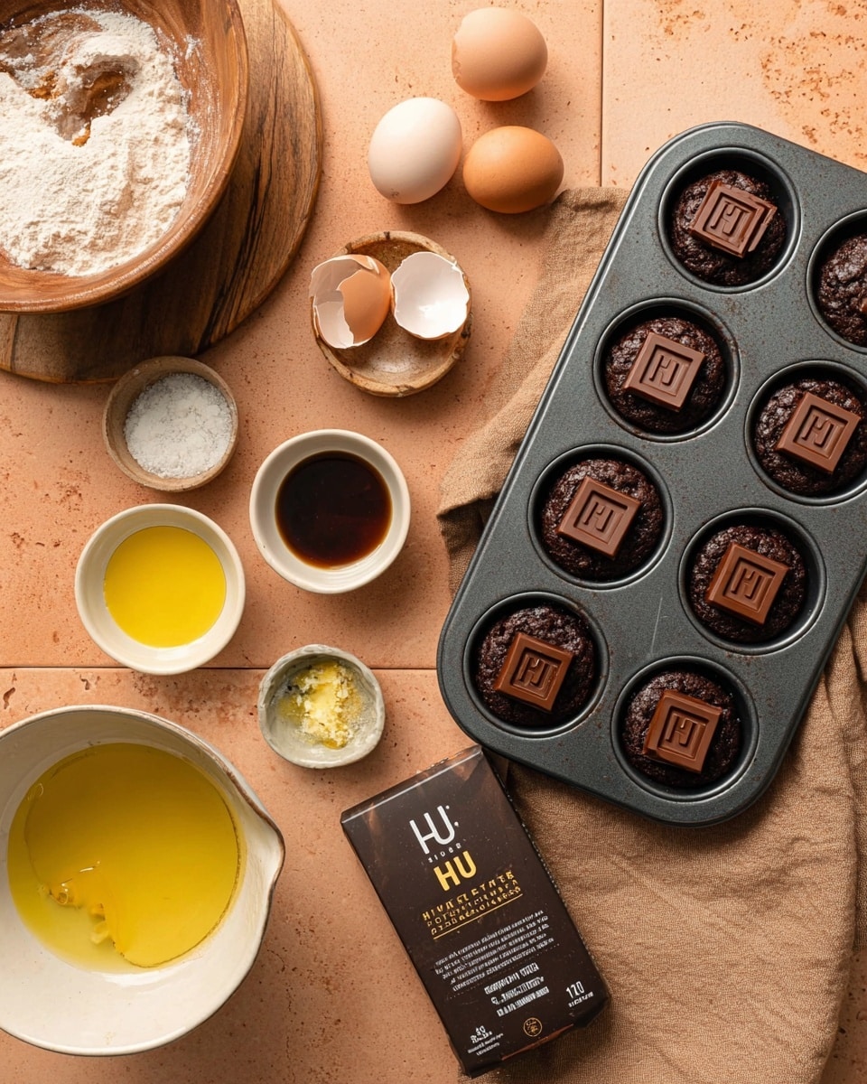 The image shows a dark grey metal muffin tray holding six chocolate brownies, each topped with a square of dark chocolate that has a raised