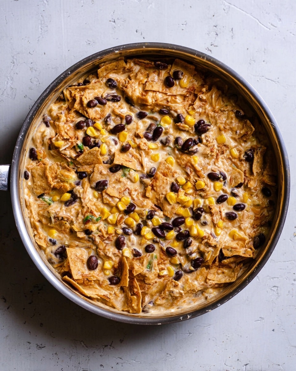 The image shows a round silver pan filled with a thick, mixed dish. The dish has a creamy sauce base with pieces of soft, torn brownish tortilla chips layered throughout. Mixed inside are black beans and bright yellow corn kernels scattered on top and throughout. The surface has a slightly uneven texture from the pieces of tortilla and beans. The pan is placed on a white marbled surface. photo taken with an iphone --ar 4:5 --v 7