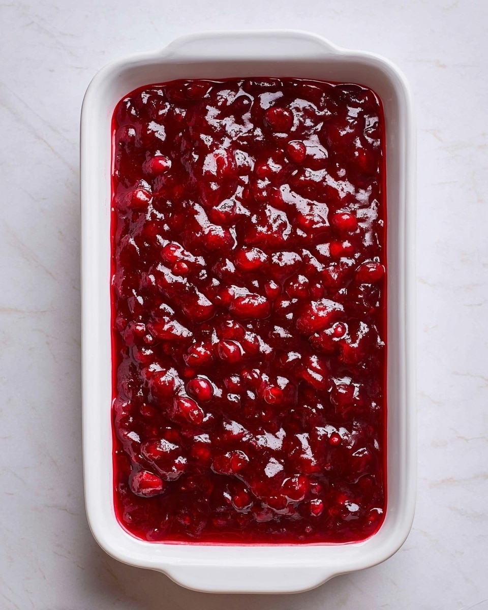 A rectangular white ceramic dish filled with a single thick layer of glossy deep red cranberry sauce, which appears smooth and thick with small whole cranberries scattered evenly throughout, giving it a textured look. The sauce has a shiny surface with gentle waves and highlights reflecting light, sitting on a white marbled textured surface photo taken with an iphone --ar 4:5 --v 7