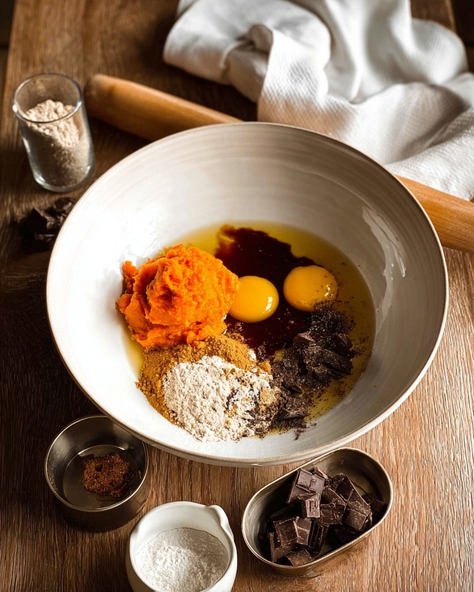 A large white bowl sits on a wooden surface, inside the bowl are separate layers of ingredients: a bright orange dollop of pumpkin puree positioned on the left, two raw egg yolks with clear whites on the right, a dark sticky liquid (likely vanilla or syrup) pooling around the ingredients, and a mound of light brown sugar near the front. Surrounding the bowl are small metal containers with layered dry spices and flour, and chunks of dark chocolate in a small white bowl. A white cloth and wooden rolling pin rest nearby. The scene has warm natural light, photo taken with an iphone --ar 4:5 --v 7