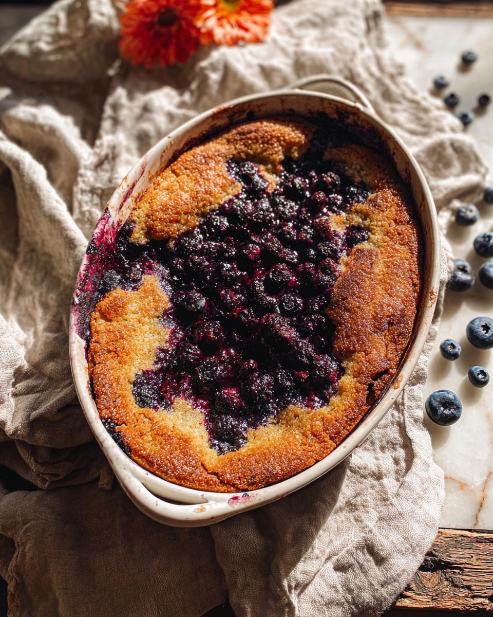 A deep dish with a rough golden brown crust covers most of the top, leaving a center filled with dark purple and red cooked berries that look juicy and soft. The crust has a slightly uneven, cracked texture showing the berry filling beneath in parts. The dish is in a round white bowl with handles, sitting on a wrinkled beige cloth over a white marbled surface. Some loose blueberries and an orange flower are visible in the background. The lighting highlights the crust’s crispness and the berry’s shine. photo taken with an iphone --ar 4:5 --v 7