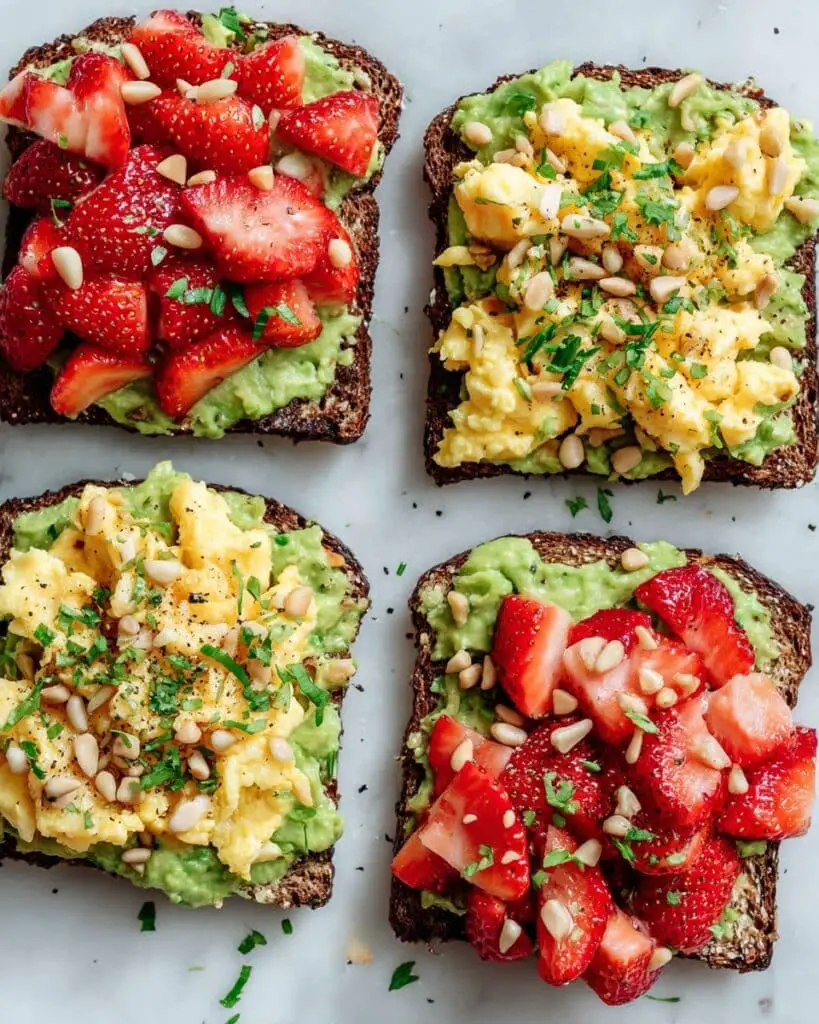 Strawberry Avocado Toast with Scrambled Eggs, Balsamic, and Pine Nuts Recipe