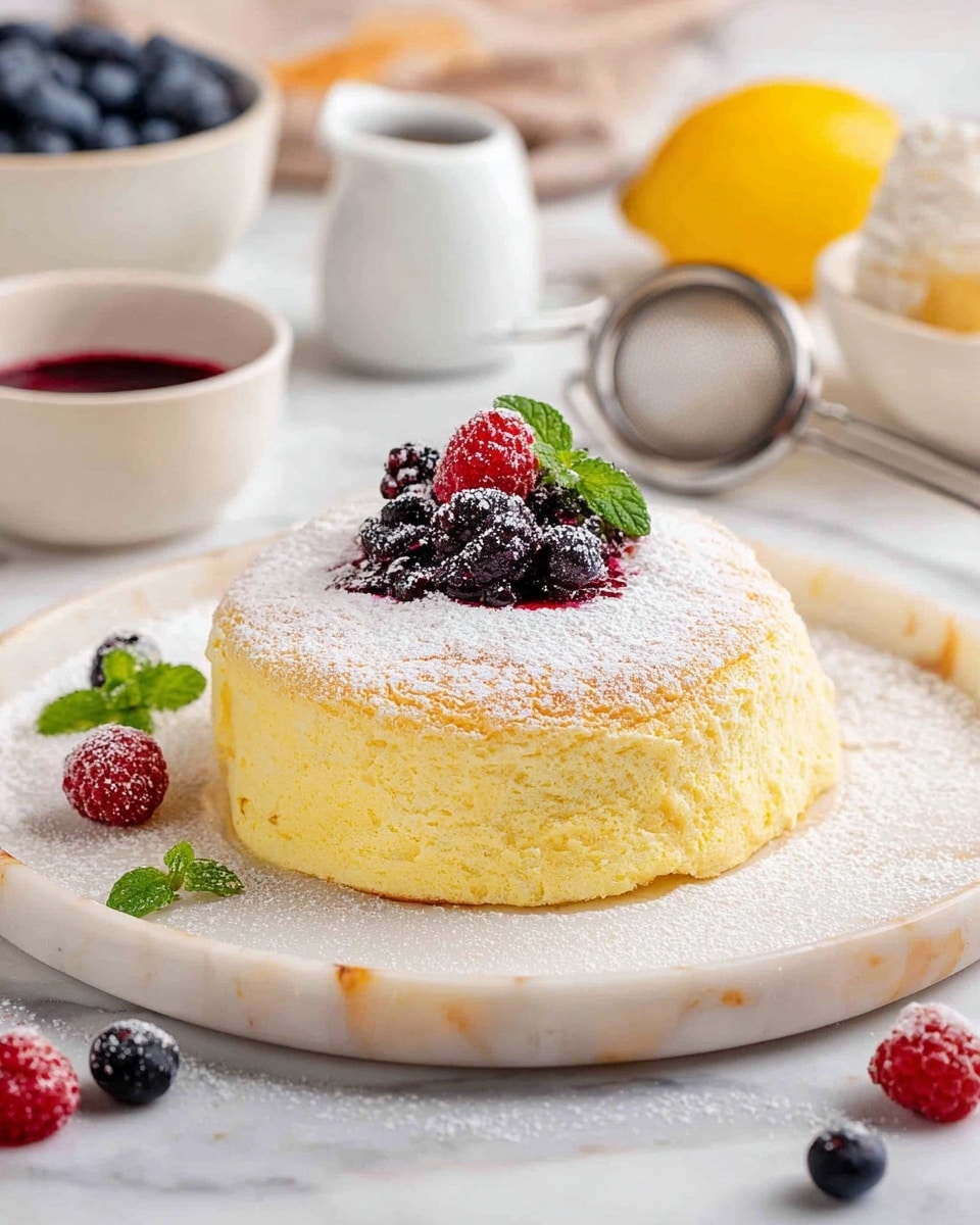 A thick slice of pale yellow fluffy cake sits on a white plate, with a soft texture full of small holes throughout. On top, there are two bright red raspberries and a drizzle of dark red berry sauce flowing down the sides, slightly pooling on the plate. The cake is dusted lightly with white powdered sugar, and a small green mint leaf adds a fresh touch beside the berries. A golden fork is placed to the right of the slice. The background has a soft, white marbled texture and features blurred parts of another slice of the same cake. Photo taken with an iphone --ar 4:5 --v 7