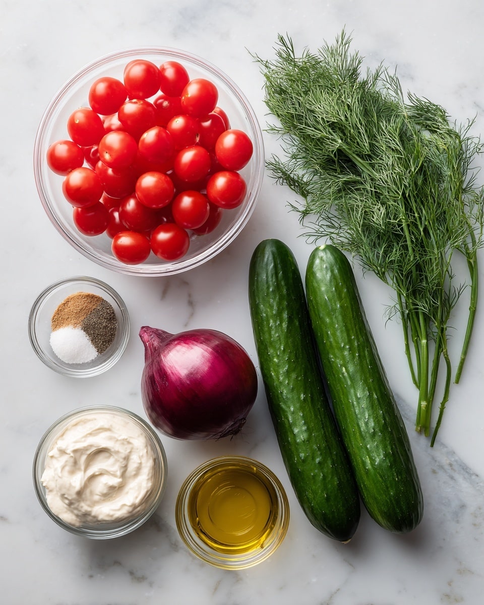 The image shows several fresh ingredients placed on a white marbled surface. At the top left, there is a clear plastic container filled with bright red cherry tomatoes. To the right, a bunch of fresh green dill leaves lies diagonally. Below the tomatoes, two long, dark green English cucumbers are placed side by side horizontally. Near the bottom left, there is a whole round purple onion. Scattered around the cucumbers and onion are small clear glass bowls containing different ingredients: smooth white sour cream, transparent olive oil, light beige mayonnaise with a creamy texture, golden vinegar, white sugar, light brown garlic powder, and a mix of salt and black pepper. Each bowl is simple and round, showing the different textures and colors clearly. photo taken with an iphone --ar 4:5 --v 7