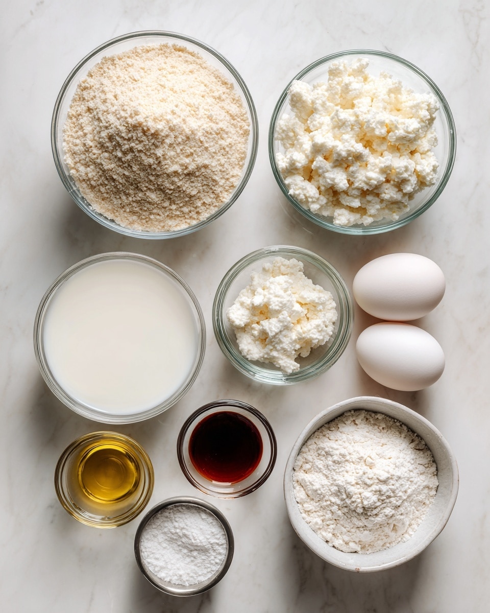 A white marbled surface holds eight clear glass bowls and two white eggs arranged neatly. The largest bowl at the top center contains light beige almond flour with a crumbly texture. To its right is a medium bowl filled with white, lumpy cottage cheese. Below the almond flour and to the left is a smaller bowl with smooth white milk. Next to milk and slightly to the right is a bowl of white, fine gluten-free flour. Below the flour bowls, there are three small metal bowls: the left one filled with pale yellow light olive oil, the center with dark brown maple syrup, and the right with white, powdery baking powder. Two clean white eggs sit side by side near the gluten-free flour bowl. All items are placed on a clean white marbled surface photo taken with an iphone --ar 4:5 --v 7