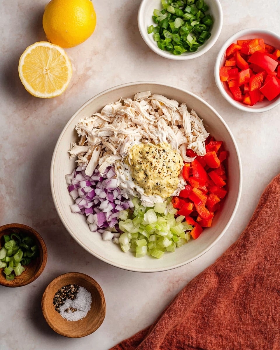A white bowl sits on a white marbled surface, filled with five distinct layers arranged side by side: shredded light beige chicken on the left, small diced purple onions next to it, chopped light green celery in the middle, a creamy white layer with black pepper and a dollop of mustard on top to the right, and bright red chopped bell peppers on the far right. Around the bowl, there are two lemon halves at the top left, a small white bowl with more red bell peppers at the top right, another small white bowl with chopped green onions beside it, and two small wooden bowls at the bottom left containing salt and black pepper. A rust-colored cloth is placed to the right of the bowl. Photo taken with an iphone --ar 4:5 --v 7