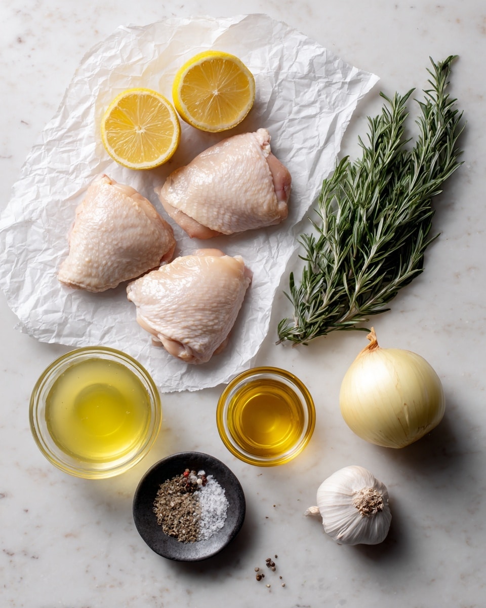 A white marbled surface holds several cooking ingredients neatly arranged. On the left, four raw chicken thighs with a light pink color rest on crumpled white parchment paper. Above them are two bright yellow lemon halves placed side by side. To the right, a fresh, green sprig of rosemary lays flat. In front of rosemary, a small clear glass holds a small amount of golden honey. Next to honey, a clear glass filled halfway with light yellow chicken stock is placed. Below these, a whole pale yellow onion and a single white garlic clove sit nearby. A small clear bowl of golden olive oil is positioned near a small black round dish filled with coarse salt and black pepper. The setup is clean and bright, all items spaced out evenly on the white marbled background. photo taken with an iphone --ar 4:5 --v 7