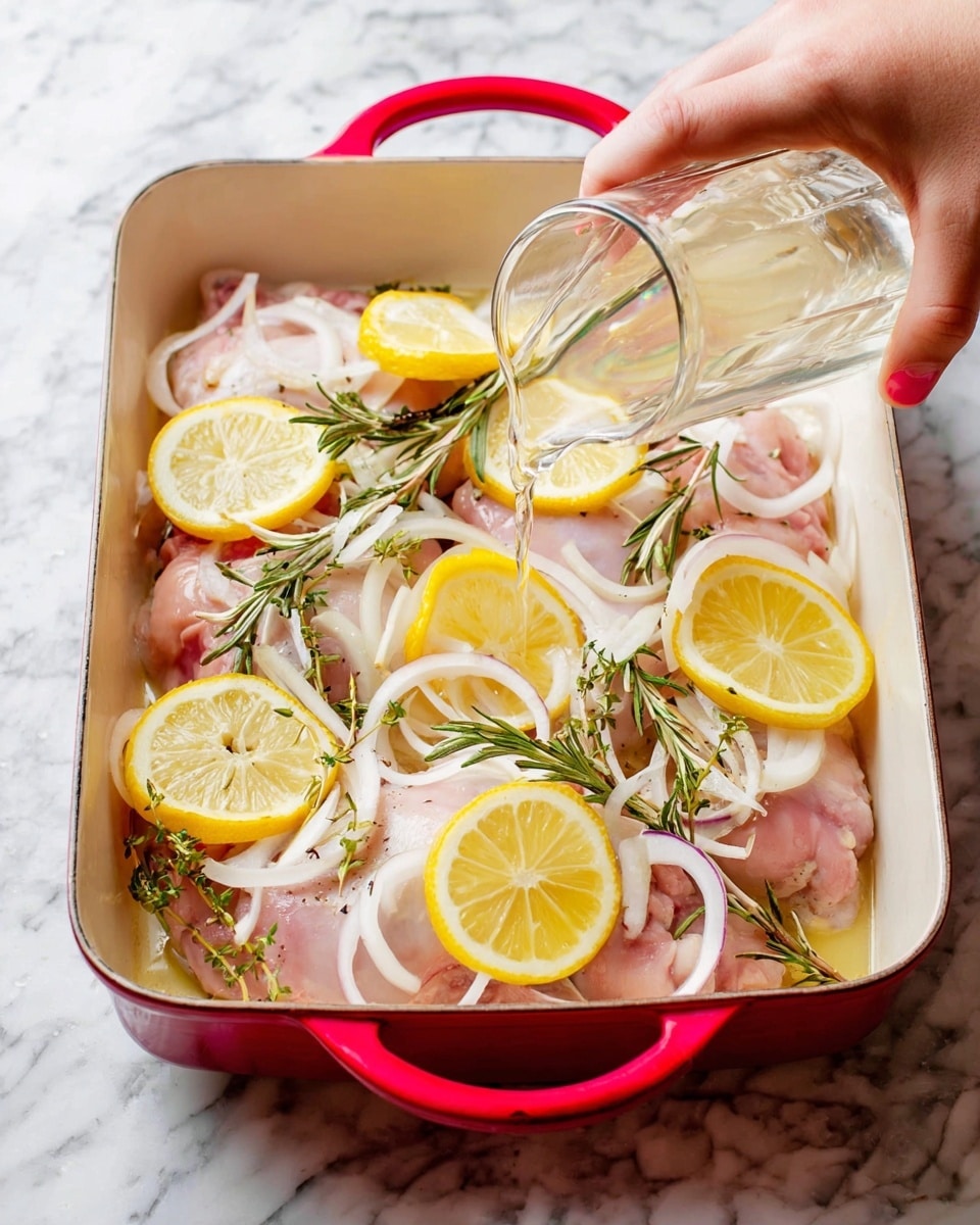The image shows a white baking dish with red handles filled with raw pink chicken thighs on the bottom layer. The chicken is topped with thin white onion rings, bright yellow lemon slices, and green rosemary sprigs scattered evenly on top. A woman's hand pours a clear liquid from a glass over the chicken and toppings. The dish is set on a white marbled surface. photo taken with an iphone --ar 4:5 --v 7