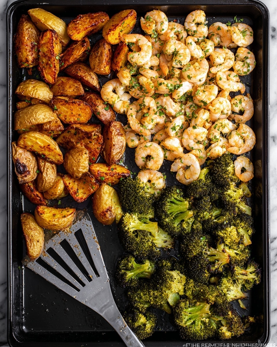 The image shows a black baking tray divided mainly into three sections. The top left side has roasted potato wedges with a rich golden brown color and a crispy texture. The middle section is filled with small cooked shrimp that have a pale pink and white color, sprinkled with green herbs. The bottom right side holds roasted broccoli florets with a slightly charred, dark green color and a rough texture. A silver spatula with a black handle is placed under the shrimp, toward the left bottom corner. The background is a white marbled surface photo taken with an iphone --ar 4:5 --v 7