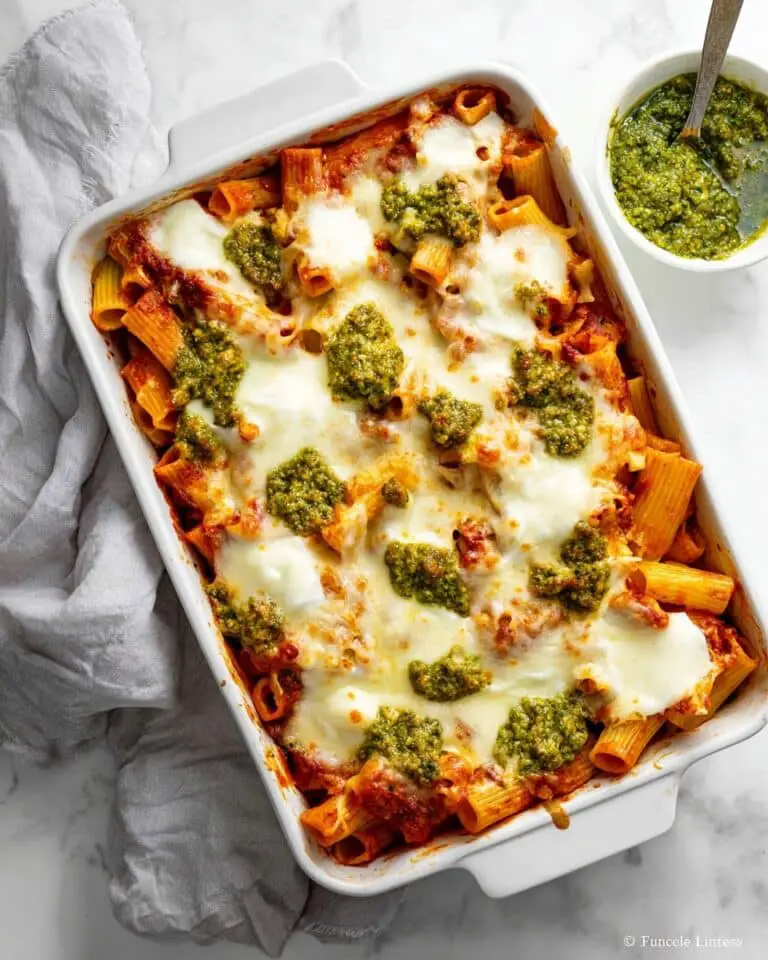 Baked Ziti with Sausage in Tomato Sauce Topped with Pesto Recipe