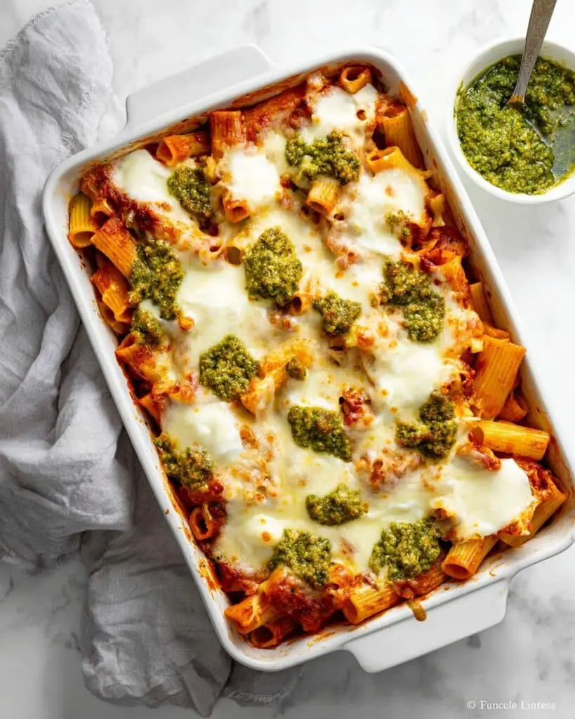 Baked Ziti with Sausage in Tomato Sauce Topped with Pesto Recipe