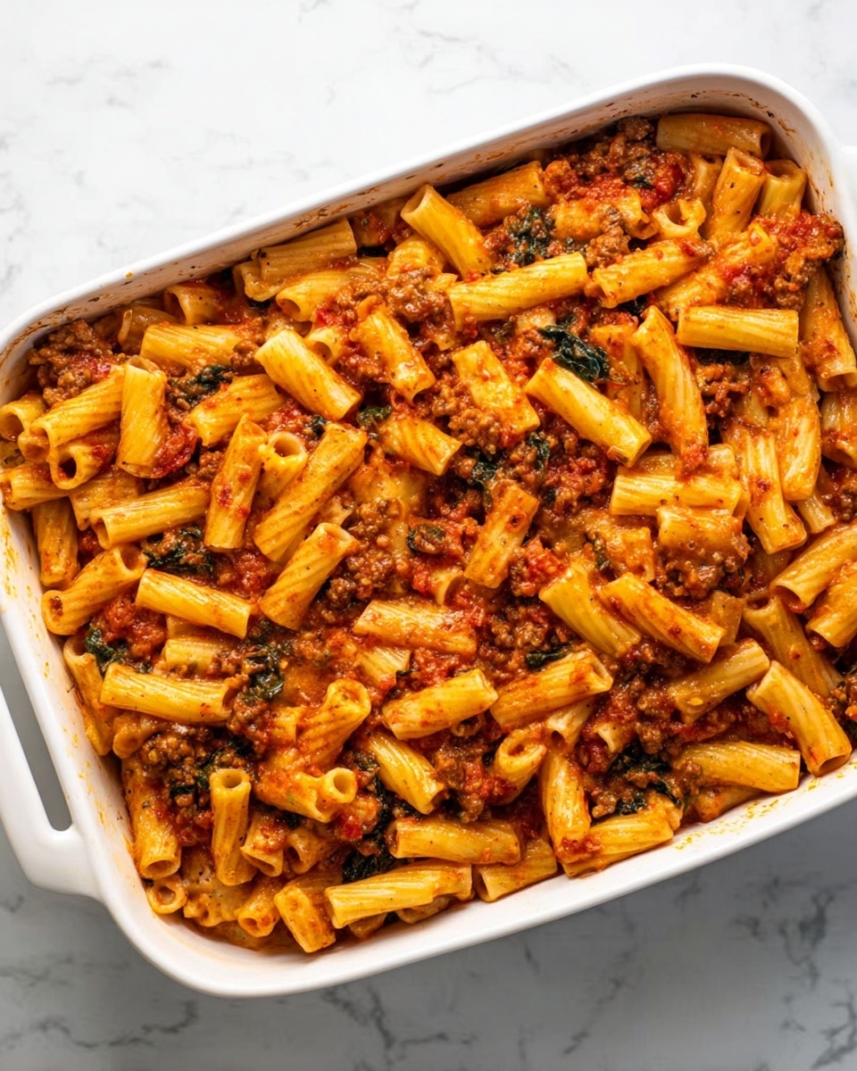 The image shows a white rectangular baking dish filled with one layer of baked pasta. The pasta is tubular and golden yellow, mixed evenly with bits of browned meat and red tomato sauce throughout. There are small touches of green, likely spinach or herbs, scattered above and mixed inside. The sauce coats the pasta giving it a slightly shiny texture. The dish sits on a white marbled surface. photo taken with an iphone --ar 4:5 --v 7