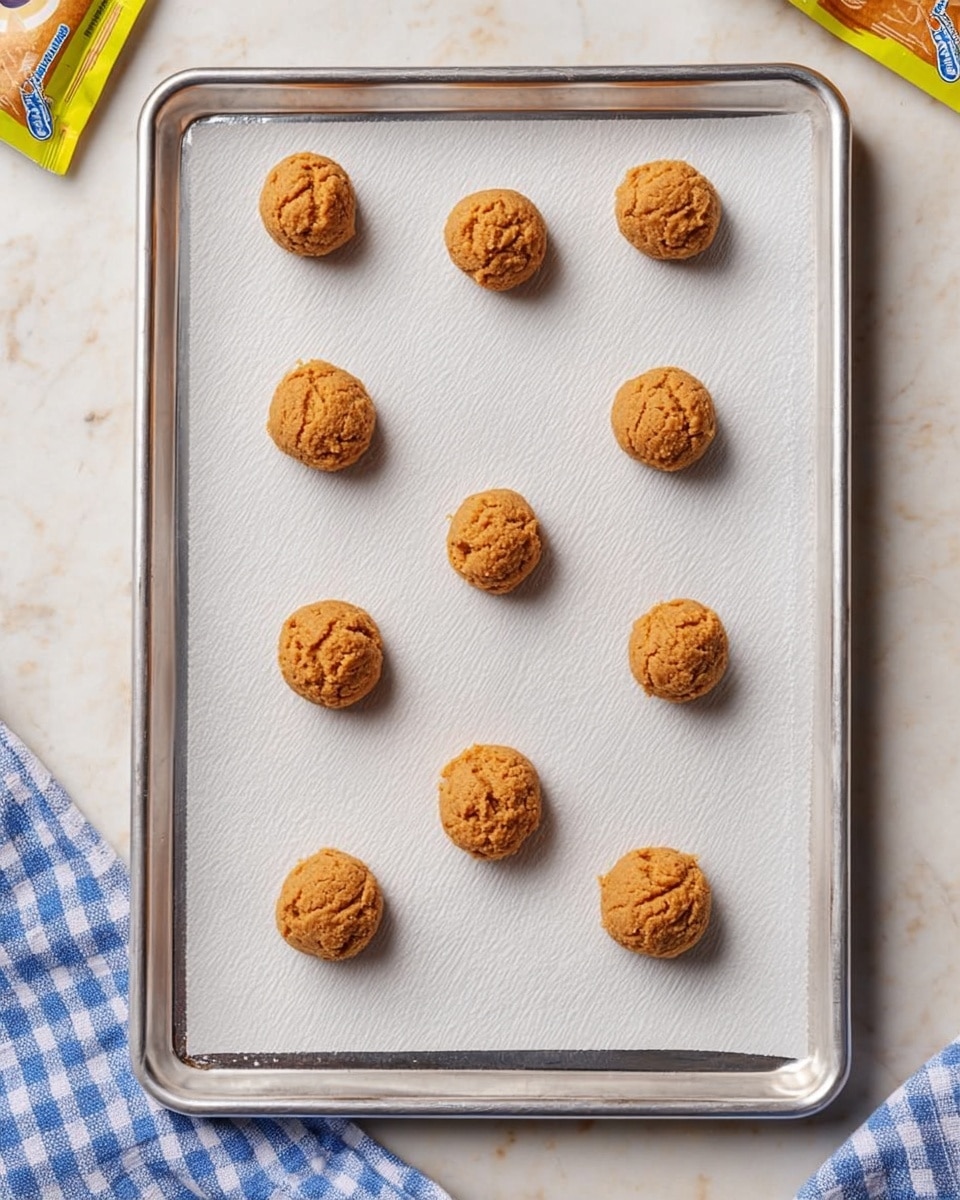 An overhead view of a silver baking tray lined with white parchment paper on a white marbled surface, holding eight round scoops of light brown cookie dough spaced evenly apart, each dough scoop showing a rough texture with small visible bits inside, arranged in a loose grid pattern with some space between them; a blue and white checkered cloth is partially visible in the bottom left corner, and small parts of yellow packaging peek in at the top and bottom edges, all under soft natural light. photo taken with an iphone --ar 4:5 --v 7