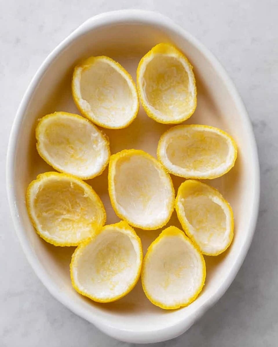 The image shows a white oval dish filled with eight lemon shells arranged in two rows and one center piece. The lemon shells are hollow with a bright yellow outer skin and a pale yellow-white inner surface. The dish sits on a white marbled surface, giving a clean and fresh look. The lemon shells have a slightly textured edge and smooth inside, with the brighter yellow rind forming a clear border around each hollow shell. Photo taken with an iphone --ar 4:5 --v 7
