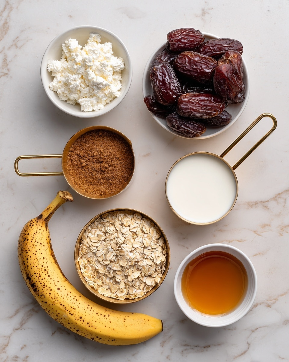 The image shows several ingredients arranged on a white marbled surface. At the top center is a small white bowl filled with dark brown dates. Below and to the left, there is a gold measuring cup filled with white cottage cheese, next to it on the right is another gold measuring cup holding white milk. To the right of the milk is a small white bowl containing light brown cinnamon powder. At the bottom center, a gold measuring cup filled with light tan rolled oats is placed. Below and to the left is a ripe yellow banana with brown spots. On the right side, a small white bowl is filled with golden maple syrup. Everything is spaced apart neatly and clearly labeled. photo taken with an iphone --ar 4:5 --v 7