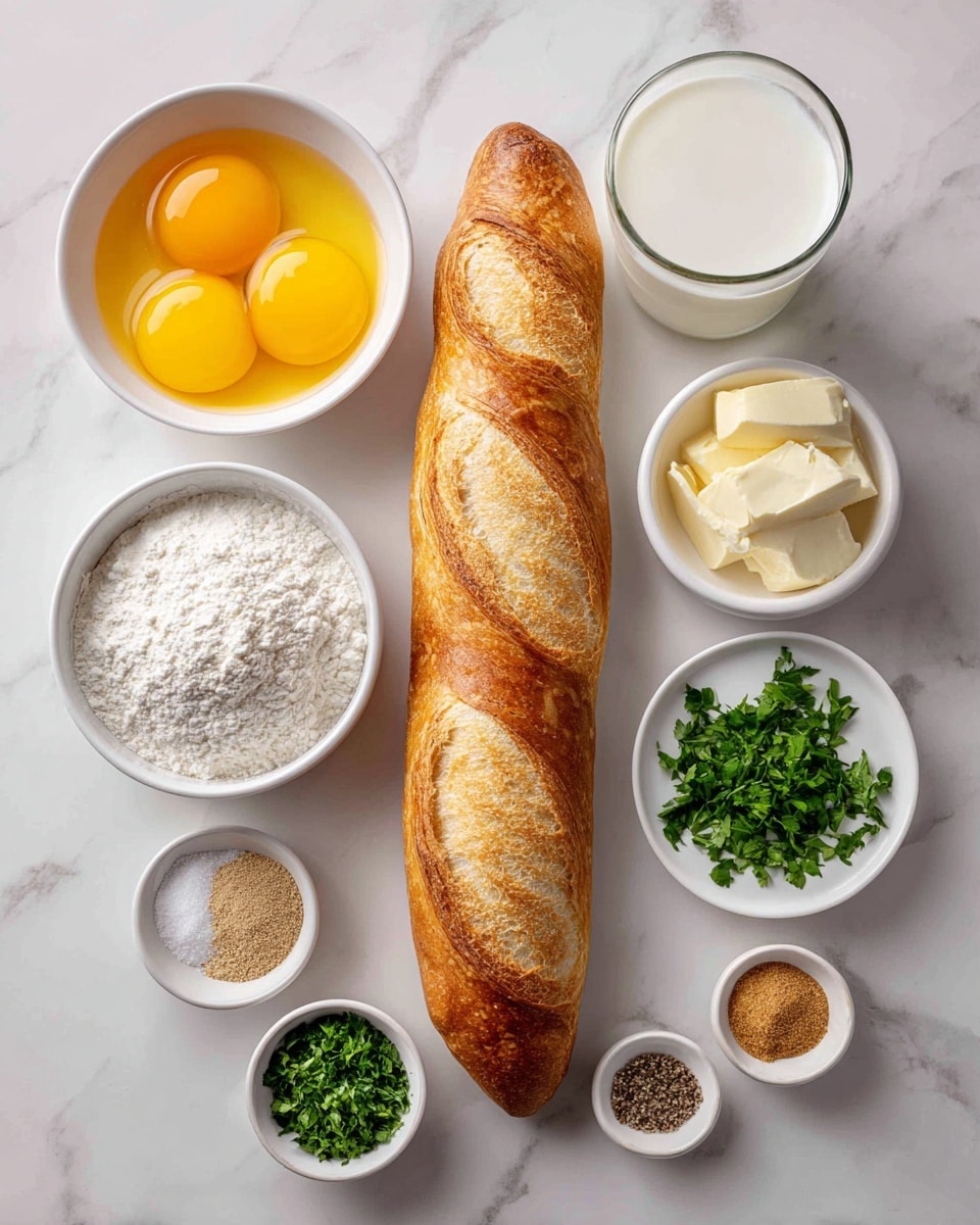 A long, golden-brown French baguette with a crispy texture lies on a white marbled surface. Around it are eight small white bowls and a clear glass arranged neatly. One bowl holds two bright yellow egg yolks, and another bowl contains a clear, slightly thick egg white. A glass of white milk stands near a bowl of fine white flour. Smaller white bowls contain finely chopped green parsley, white salt and black pepper mix, and light brown garlic powder. The overall arrangement is clean and organized, with each item clearly visible. photo taken with an iphone --ar 4:5 --v 7
