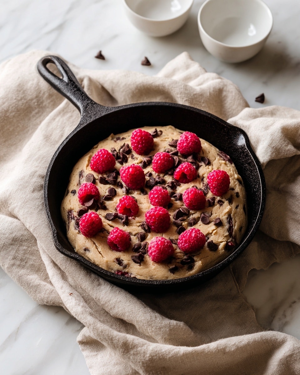 A small black cast iron skillet holds one thick layer of light beige cookie dough mixed with dark chocolate chunks. On top, there are nine bright red raspberries spread evenly across the dough. A woman's hand with red-painted nails is placing a piece of chocolate on the dough near the upper right area. The skillet is resting on a soft, wrinkled beige cloth, set against a white marbled surface, with two empty white bowls partially visible in the background photo taken with an iphone --ar 4:5 --v 7