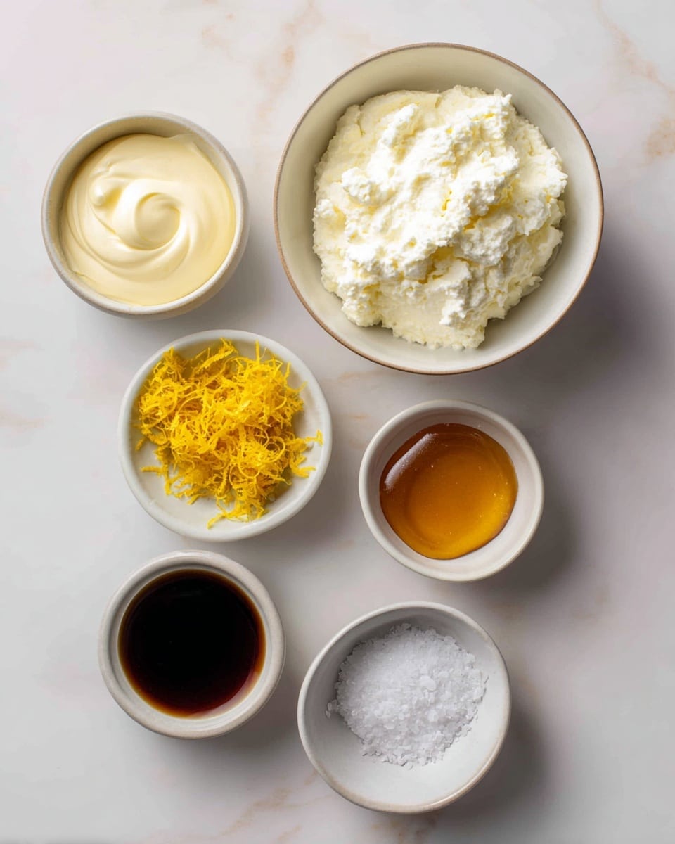 The image shows six small white bowls arranged on a white marbled surface. The largest bowl is filled with creamy white ricotta cheese with a soft and slightly lumpy texture, placed at the top center. Below it and slightly to the left is a bowl with smooth, pale yellow heavy cream. On the right side, at the same level as the heavy cream, is a bowl with thick, golden amber honey. Further to the left is a small bowl containing bright yellow lemon zest, with a finely grated texture. At the bottom left, there is a bowl with dark amber vanilla extract, clear and liquid. Finally, at the bottom right, there is a small bowl of white granular salt. The scene is clean and bright, with soft natural light, emphasizing the fresh ingredients. photo taken with an iphone --ar 4:5 --v 7