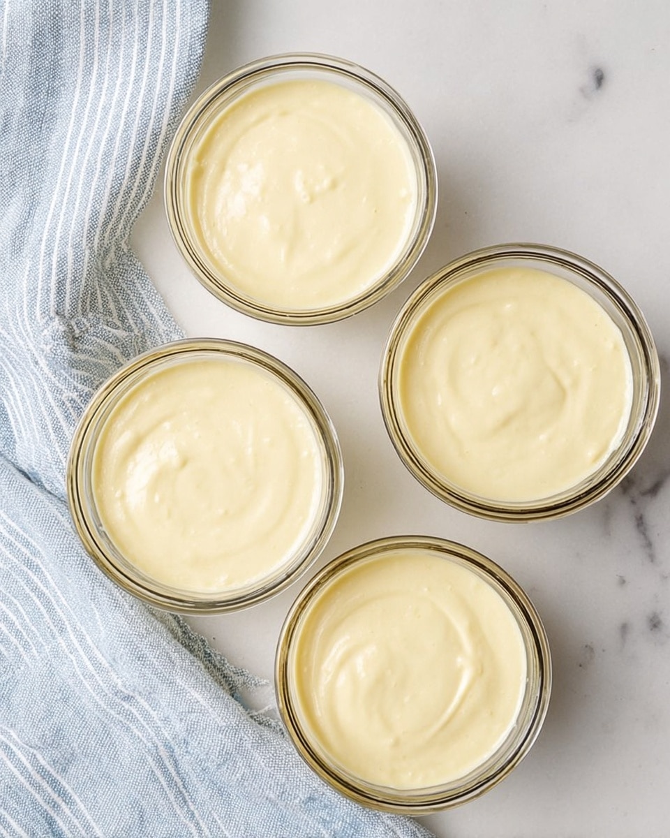 Four clear glass bowls are filled with a smooth, creamy pale yellow pudding. Each bowl shows a shiny and even surface with soft swirls. The bowls are placed on a white marbled surface with a soft blue and white striped cloth visible on the left side. The simple presentation highlights the pudding’s silky texture and gentle color. Photo taken with an iphone --ar 4:5 --v 7