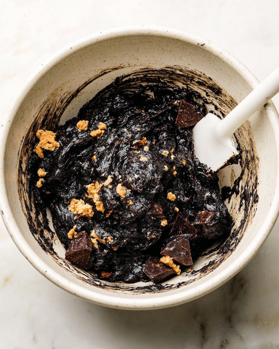 The image shows a white speckled bowl filled with thick, black dough that has a shiny, sticky texture mixed with chunks of dark brown chocolate and small pieces of crushed pale golden cookies scattered throughout. The dough is dense and moist, with some parts sticking to the sides of the bowl. A white spatula rests inside the bowl, partially covered in the dark dough. The bowl sits on a white marbled surface photo taken with an iphone --ar 4:5 --v 7