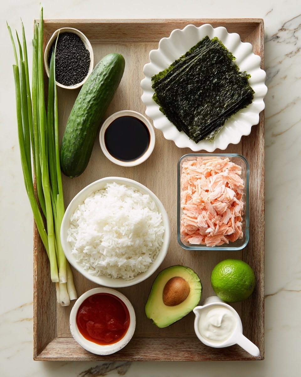 A wooden tray holds several ingredients arranged neatly: at the center, a white bowl filled with fluffy white rice. Above it, a white, scalloped plate holds a stack of dark green seaweed sheets. To the top left, a whole cucumber with dark green skin lies horizontally beside a small white bowl filled with black sesame seeds. Below the cucumber, two small measuring spoons hold dark soy sauce and light sesame oil. At the bottom left corner, three green onions with long green tops and white bases lay diagonally. To the right of the rice bowl, a rectangular clear glass container is filled with shredded light pink salmon. Above it, a whole dark green avocado sits next to a bright green lime. To the top right corner, a small white measuring cup holds thick white Greek yogurt next to a small measuring spoon of bright red sriracha sauce. The entire setup is on a white marbled surface. Photo taken with an iphone --ar 4:5 --v 7