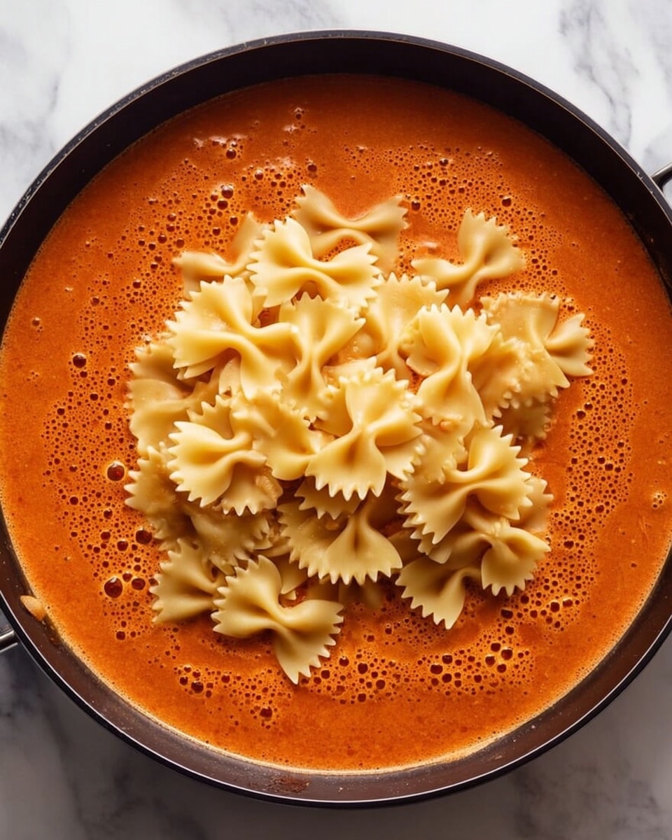 A black pan filled with a creamy reddish-orange sauce that looks smooth and thick, with bubbles on the surface. In the center, there is a pile of uncooked farfalle pasta (bow tie shape) sitting on top of the sauce, with a pale yellow color and slightly shiny texture. The pan is placed on a white marbled surface. photo taken with an iphone --ar 4:5 --v 7