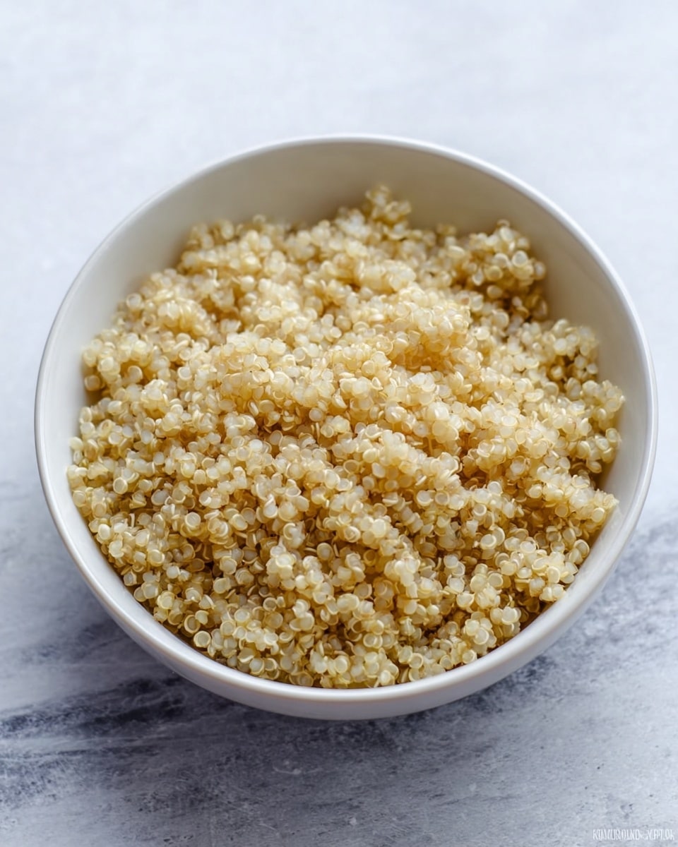 A white bowl filled with a single layer of cooked quinoa, showing its small, round, and fluffy texture with a light beige color. The quinoa grains are soft and slightly translucent, evenly spread inside the bowl. The bowl sits on a white marbled surface, adding a clean and simple background to the image photo taken with an iphone --ar 4:5 --v 7