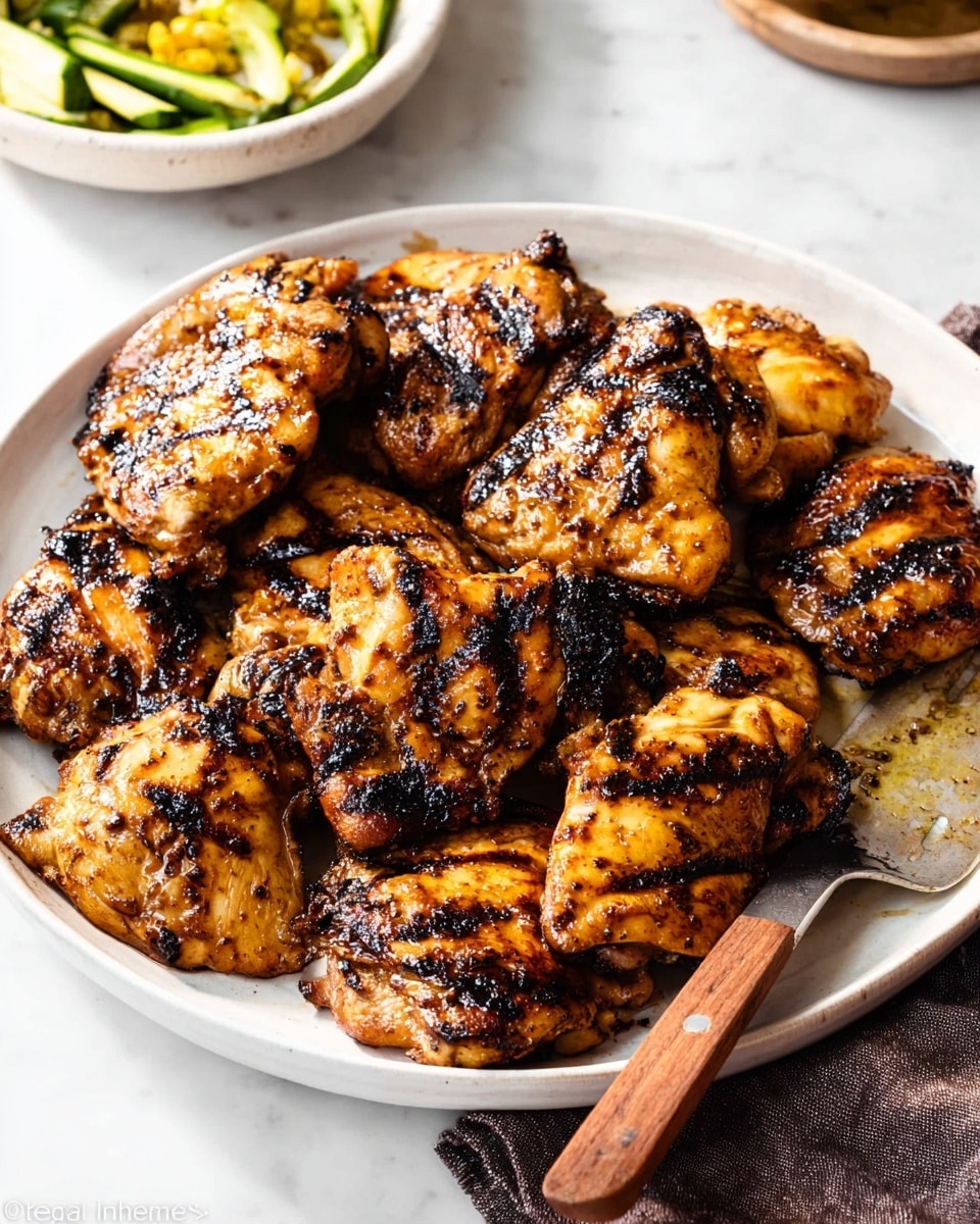 A large white plate filled with many pieces of grilled chicken thighs, each showing clear dark grill marks and a shiny, slightly oily surface with rich golden and brown colors. The chicken pieces are arranged closely, some stacked slightly on top of each other, giving a sense of fullness and abundance. A wooden-handled utensil rests on the right side of the plate, touching one of the chicken pieces. In the background to the top left, a white bowl containing sliced green vegetables with some yellowish elements is partially visible on a white marbled surface, while a soft, dark cloth is seen on the right side near the plate. The overall look is warm, grilled, and inviting. photo taken with an iphone --ar 4:5 --v 7