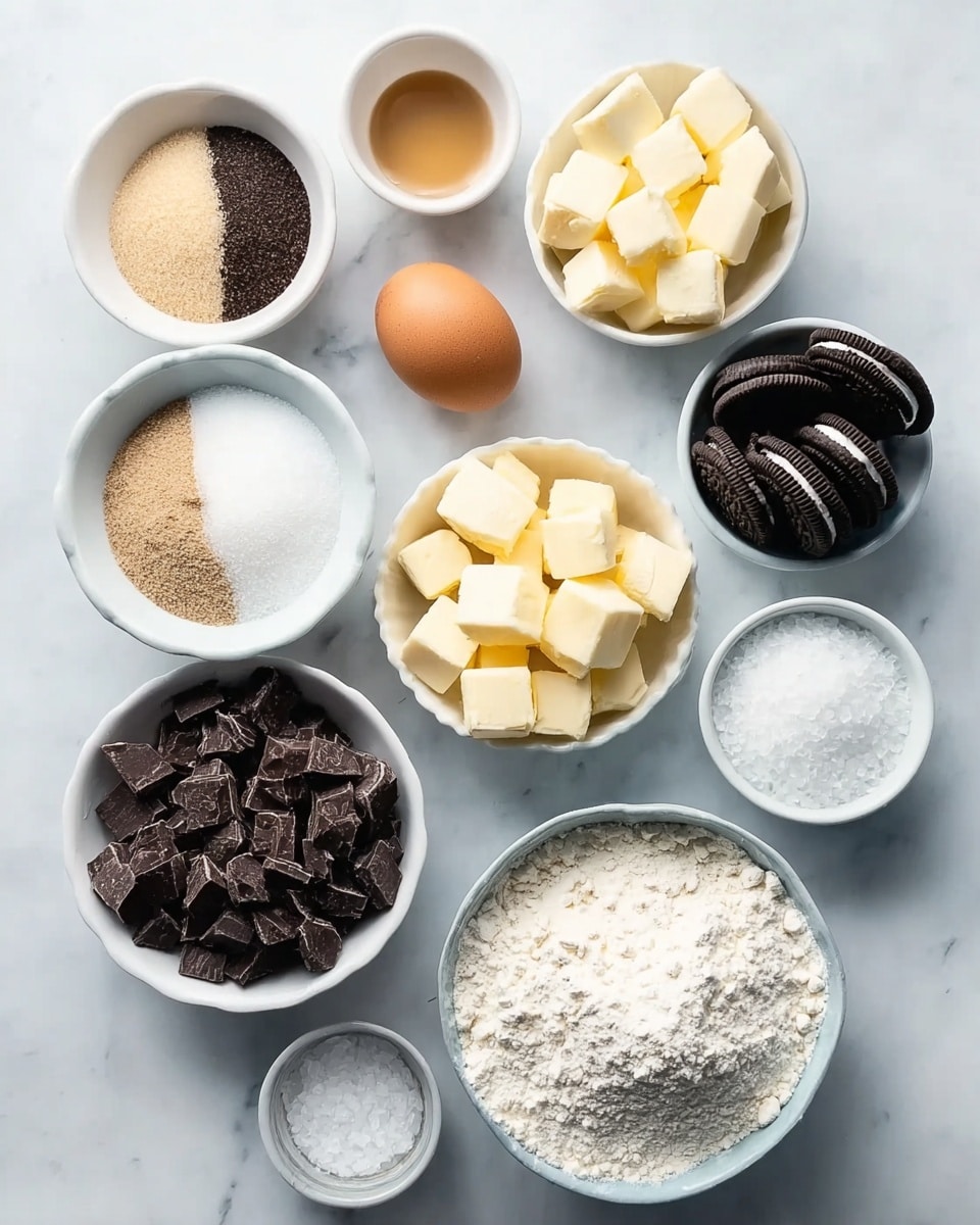 A white marbled surface holds nine small white bowls and one small pile, each containing different baking ingredients arranged neatly. The largest bowl near the bottom right is filled with white flour, showing a soft, powdery texture. To its left, a divided bowl displays light brown and white granulated sugar, each side clearly separated. Above this, a round white bowl holds pale yellow cubes of butter. Near the center, slightly upward, a bowl with dark chocolate cookies stacked evenly shows their contrast of black outer shell and white cream inside. Next to it, a bowl with small dark chocolate chunks presents mixed, rough, uneven shapes. An unbroken, smooth brown egg is placed on the left of these bowls. At the top left, a small bowl holds a light brown liquid, and two more small bowls with white powdered sugar and a white crystalline substance are next to this. The image is bright and clear, photo taken with an iphone --ar 4:5 --v 7