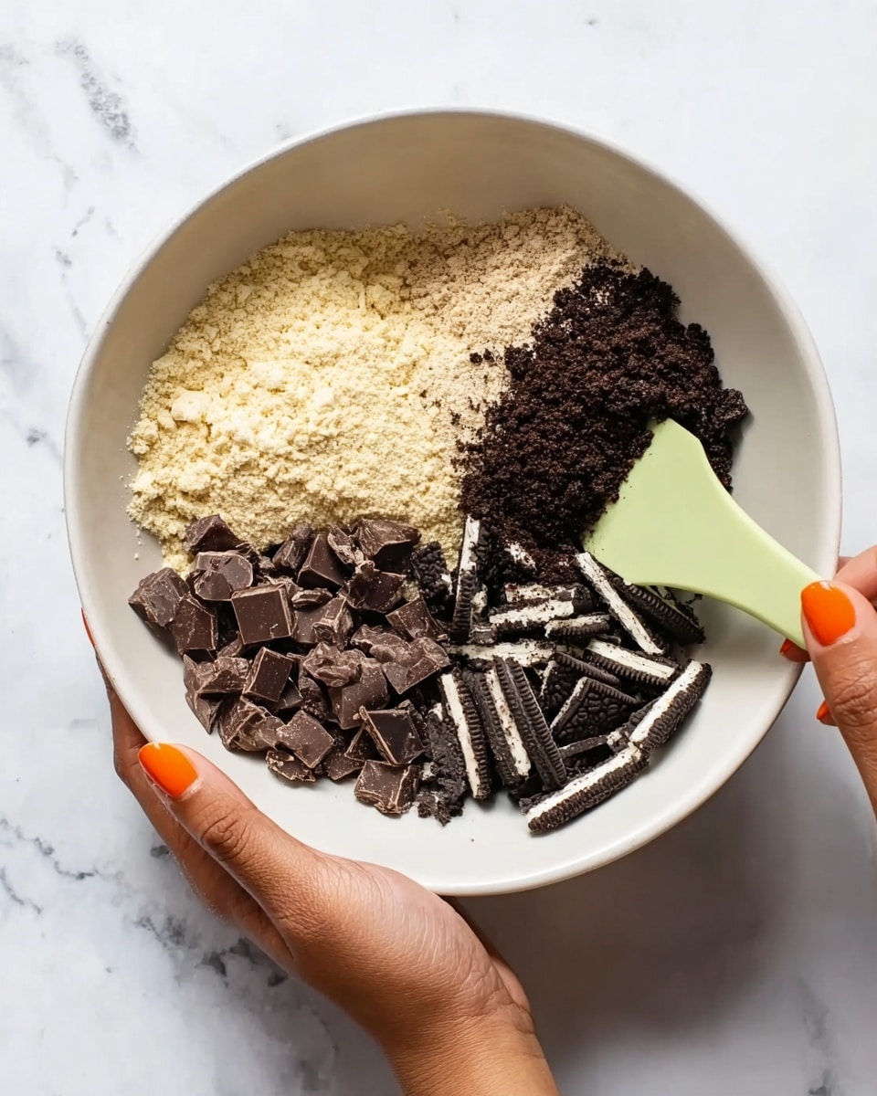 A white bowl contains four separate piles of ingredients, each forming a quarter of the bowl's inside surface, placed on a white marbled texture. The top left quarter has a pale yellow powder, the top right quarter shows a dark brown crumbly powder, the bottom left quarter is filled with medium-sized chunks of dark chocolate, and the bottom right quarter has broken pieces of black and white sandwich cookies. A woman’s hand with orange nail polish holds the bowl on the left side, while the other woman’s hand holds a green spatula mixing the ingredients from the right side. Photo taken with an iphone --ar 4:5 --v 7